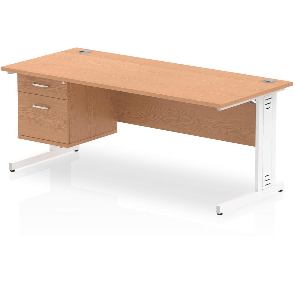 Impulse 1800 x 800mm Straight Desk Oak Top White Cable Managed Leg 1 x 2 Drawer Fixed Pedestal