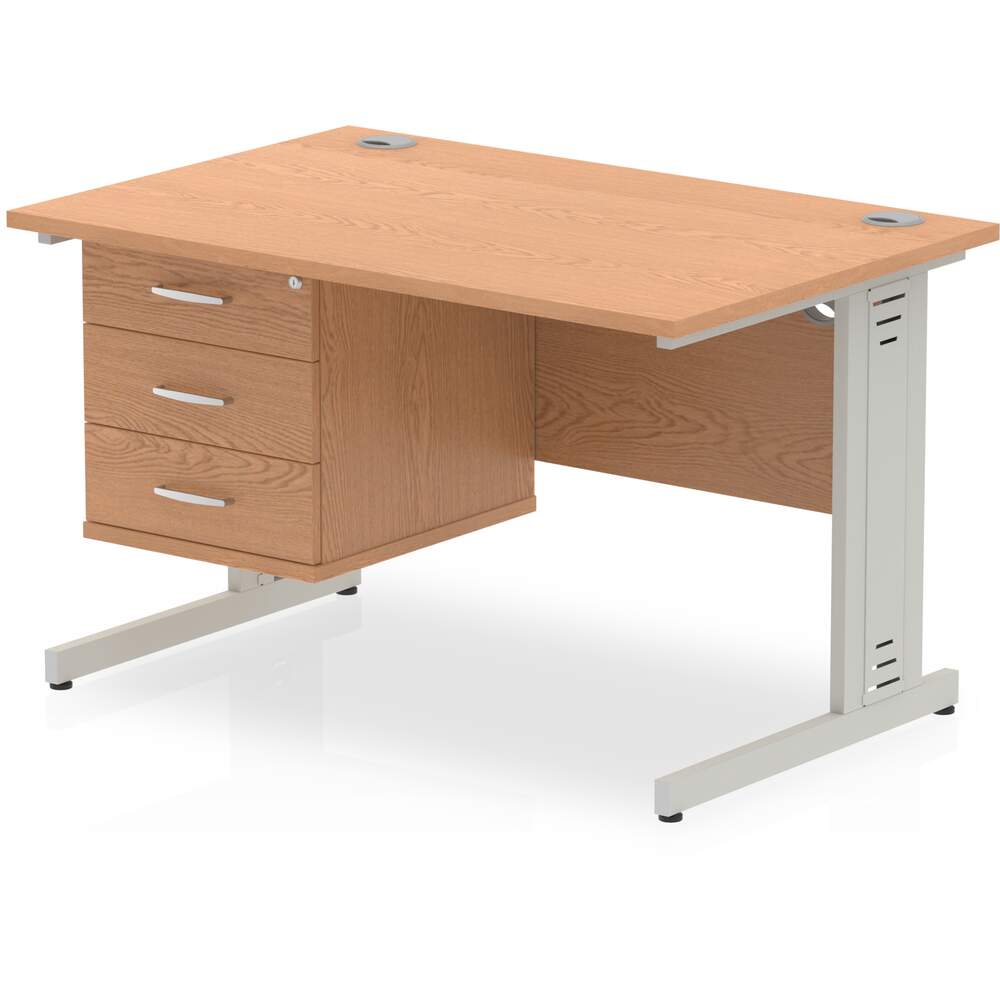 Impulse 1200 x 800mm Straight Desk Oak Top Silver Cable Managed Leg with 1 x 3 Drawer Fixed Pedestal