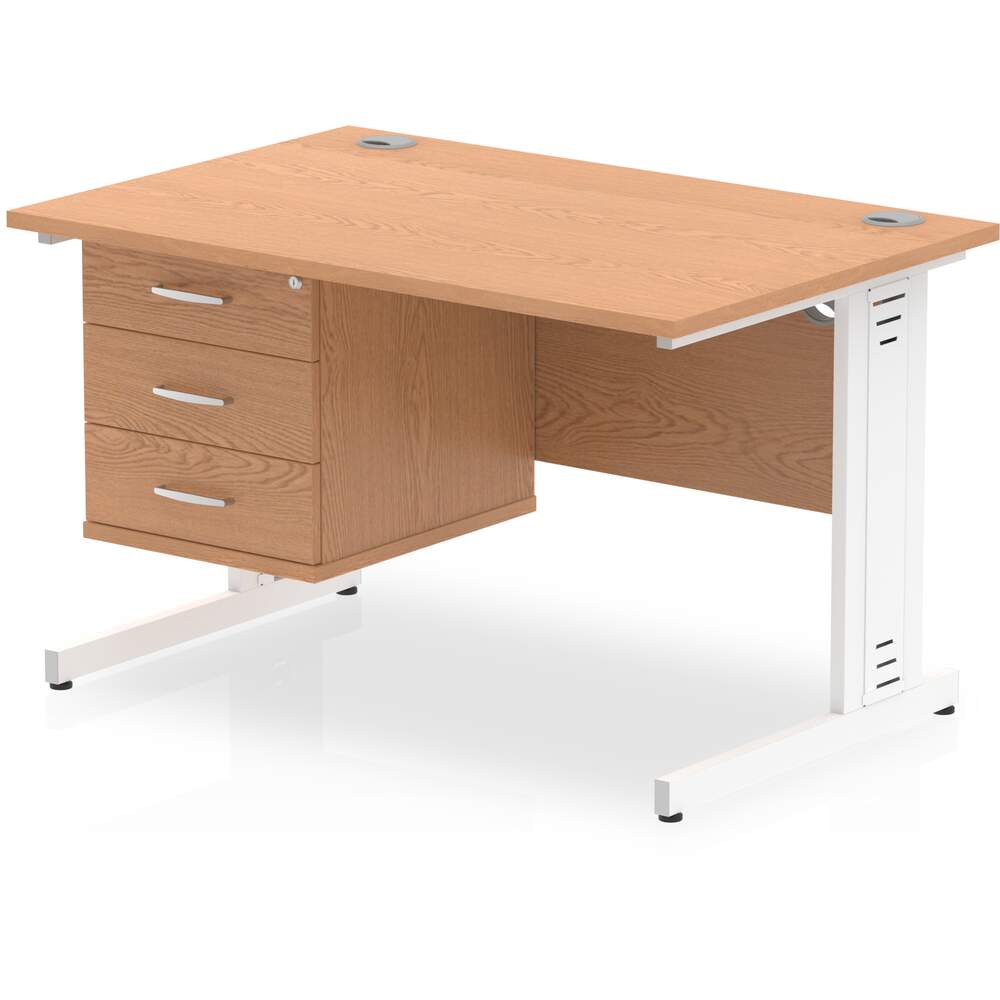 Impulse 1200 x 800mm Straight Desk Oak Top White Cable Managed Leg with 1 x 3 Drawer Fixed Pedestal