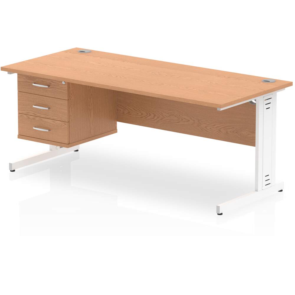 Impulse 1800 x 800mm Straight Desk Oak Top White Cable Managed Leg 1 x 3 Drawer Fixed Pedestal