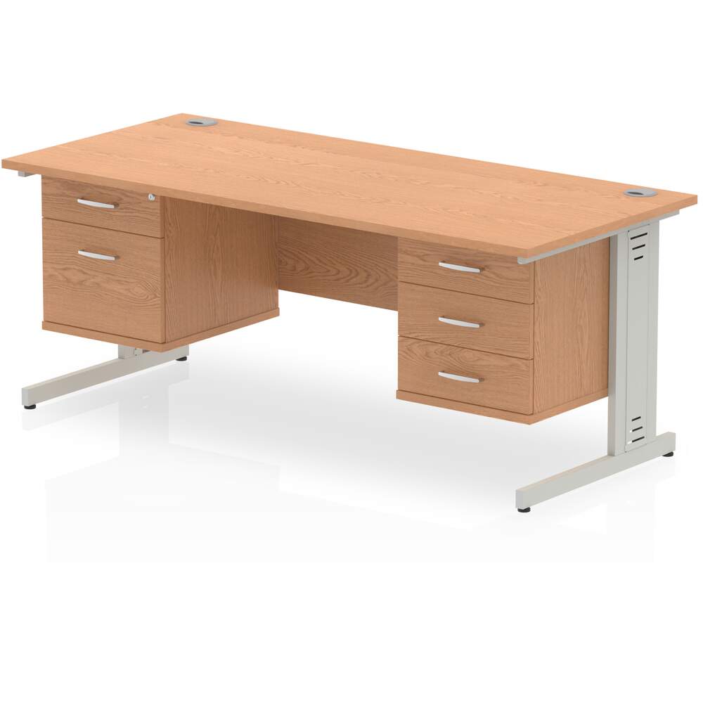 Impulse 1600 x 800mm Straight Desk Oak Top Silver Cable Managed Leg 1 x 2 Drawer 1 x 3 Drawer Fixed Pedestal